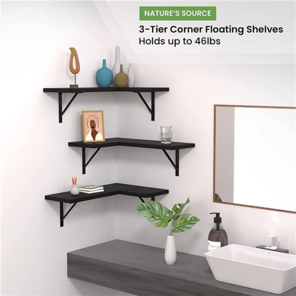 Floating Corner Shelves Set of 3, Corner Shelves Wall Mounted (Black)
